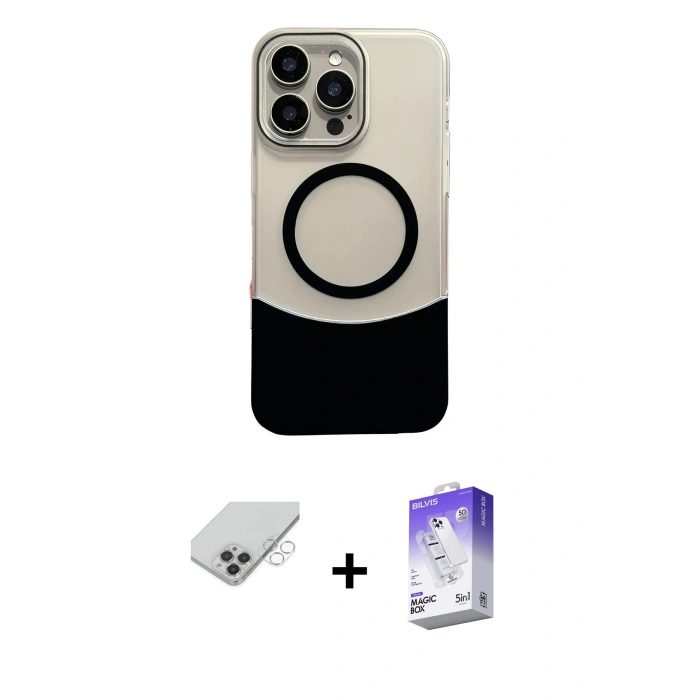 MARSİLYAN™- iPhone 14 Pro Max Kılıf Kozmos Form Özel Seri - Siyah Bilvis 5in1 3D Magic Cam Ekran Koruyucu + Band Metal Kamera Lens - GS