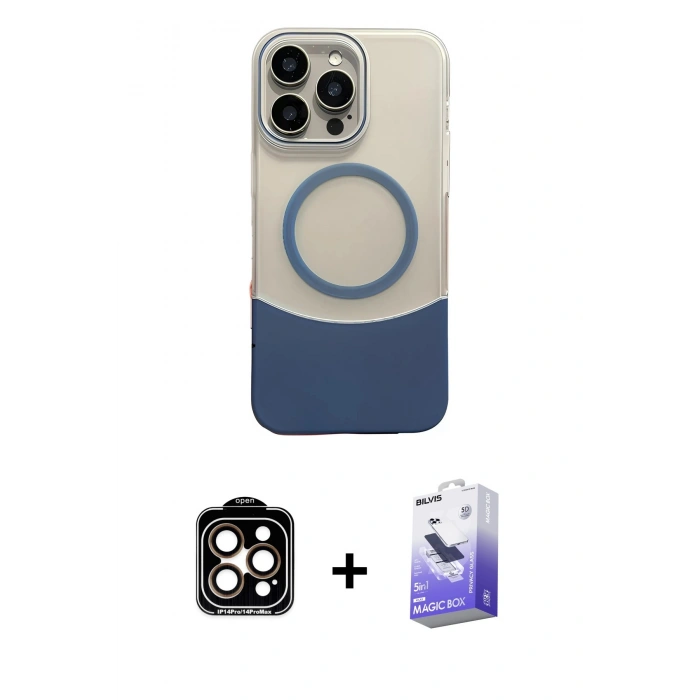 MARSİLYAN™- iPhone 14 Pro Max Kılıf Kozmos Form Özel Seri - Siyah Bilvis 5in1 5D Magic Hayalet Cam Ekran Koruyucu + PVD Metal Kamera Lens - TU