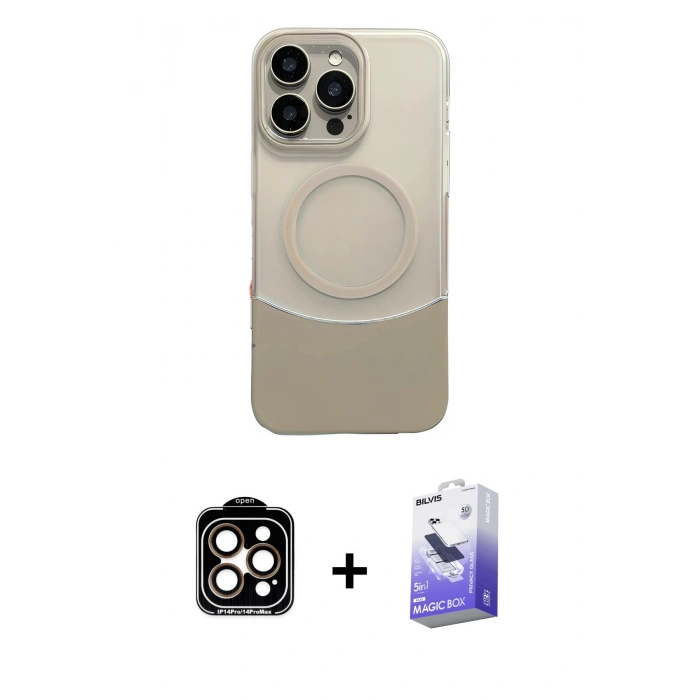 MARSİLYAN™- iPhone 14 Pro Max Kılıf Kozmos Form Özel Seri - Siyah Bilvis 5in1 5D Magic Hayalet Cam Ekran Koruyucu + PVD Metal Kamera Lens - TU