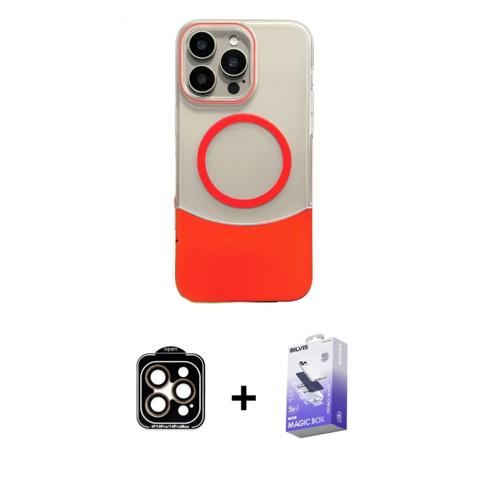 MARSİLYAN™- iPhone 14 Pro Max Kılıf Kozmos Form Özel Seri - Siyah Bilvis 5in1 5D Magic Hayalet Cam Ekran Koruyucu + PVD Metal Kamera Lens - TU