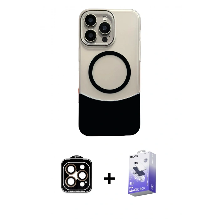MARSİLYAN™- iPhone 14 Pro Max Kılıf Kozmos Form Özel Seri - Siyah Bilvis 5in1 5D Magic Hayalet Cam Ekran Koruyucu + PVD Metal Kamera Lens - TU