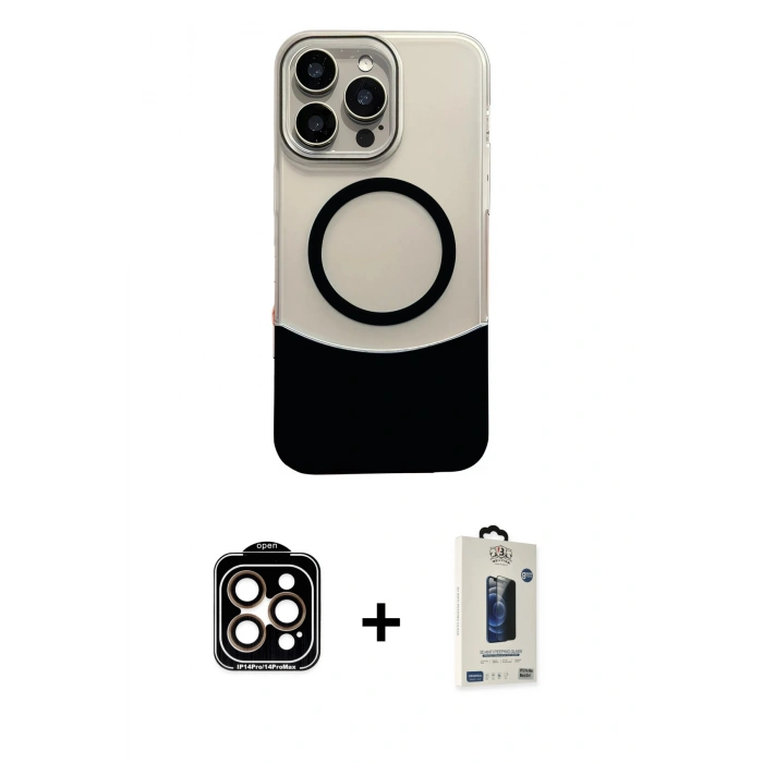 MARSİLYAN™- iPhone 14 Pro Max Kılıf Kozmos Form Özel Seri - Siyah Bilvis Hayalet Cam Ekran Koruyucu + PVD Metal Kamera Lens - TU