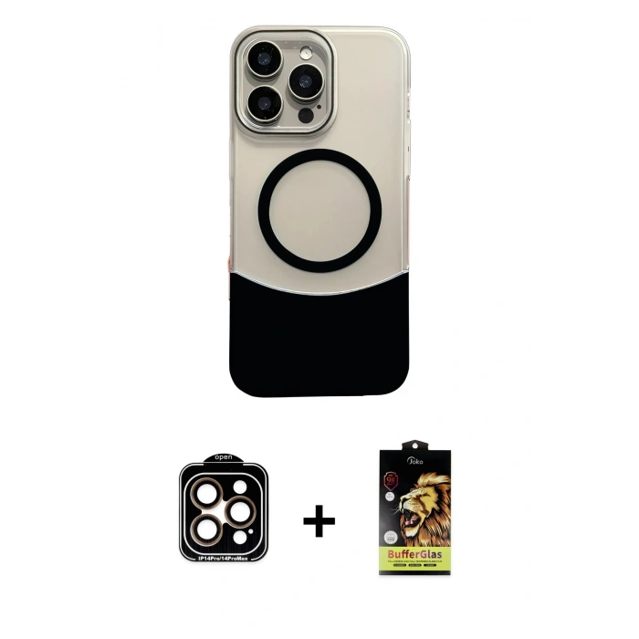 MARSİLYAN™- iPhone 14 Pro Max Kılıf Kozmos Form Özel Seri - Siyah Buffer Cam Ekran Koruyucu + PVD Metal Kamera Lens - TU