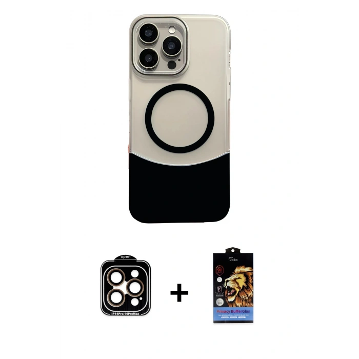 MARSİLYAN™- iPhone 14 Pro Max Kılıf Kozmos Form Özel Seri - Siyah Buffer Hayalet Cam Ekran Koruyucu + PVD Metal Kamera Lens - TU