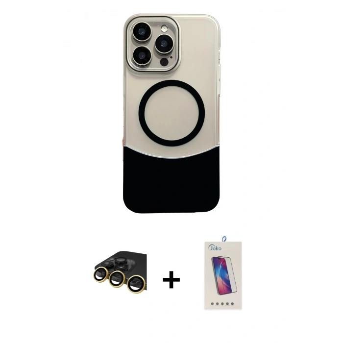 MARSİLYAN™- iPhone 14 Pro Max Kılıf Kozmos Form Özel Seri - Siyah Joko 5D Cam + Gold Raze Metal Kamera Lens
