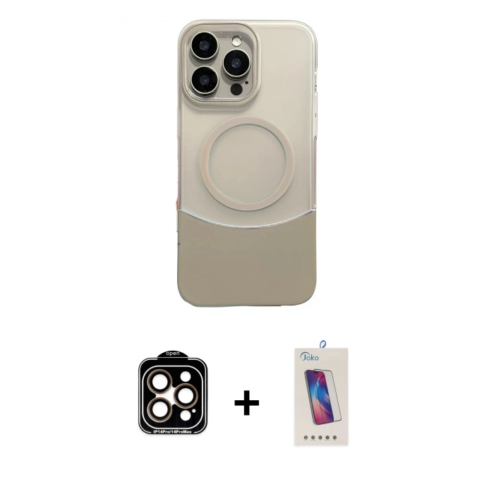 MARSİLYAN™- iPhone 14 Pro Max Kılıf Kozmos Form Özel Seri - Siyah Joko 5D Cam + Turuncu PVD Metal Kamera Lens