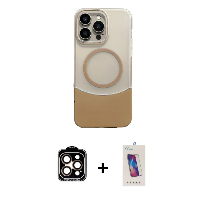 MARSİLYAN™- iPhone 14 Pro Max Kılıf Kozmos Form Özel Seri - Siyah Joko 5D Cam + Turuncu PVD Metal Kamera Lens
