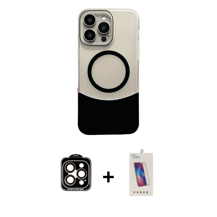 MARSİLYAN™- iPhone 14 Pro Max Kılıf Kozmos Form Özel Seri - Siyah Joko 5D Cam + Turuncu PVD Metal Kamera Lens