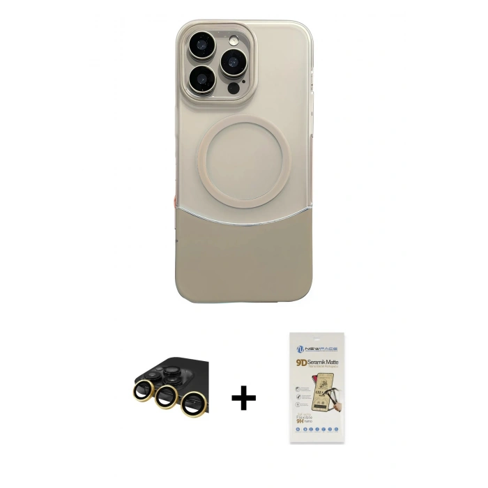 MARSİLYAN™- iPhone 14 Pro Max Kılıf Kozmos Form Özel Seri - Siyah Mat Seramik Nano Ekran Koruyucu + Gold Raze Metal Kamera Lens