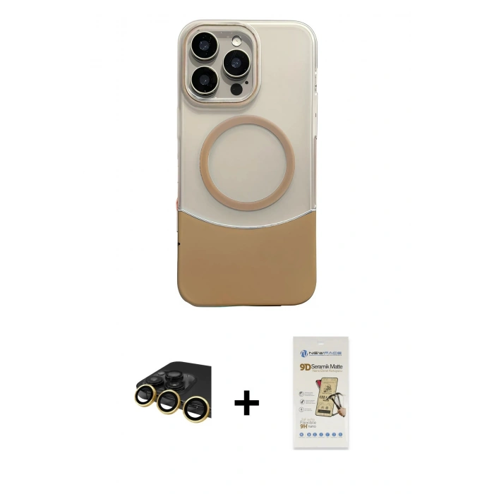 MARSİLYAN™- iPhone 14 Pro Max Kılıf Kozmos Form Özel Seri - Siyah Mat Seramik Nano Ekran Koruyucu + Gold Raze Metal Kamera Lens