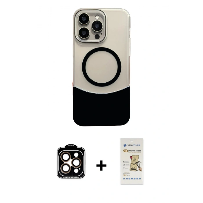 MARSİLYAN™- iPhone 14 Pro Max Kılıf Kozmos Form Özel Seri - Siyah Mat Seramik Nano Ekran Koruyucu + PVD Metal Kamera Lens - TU