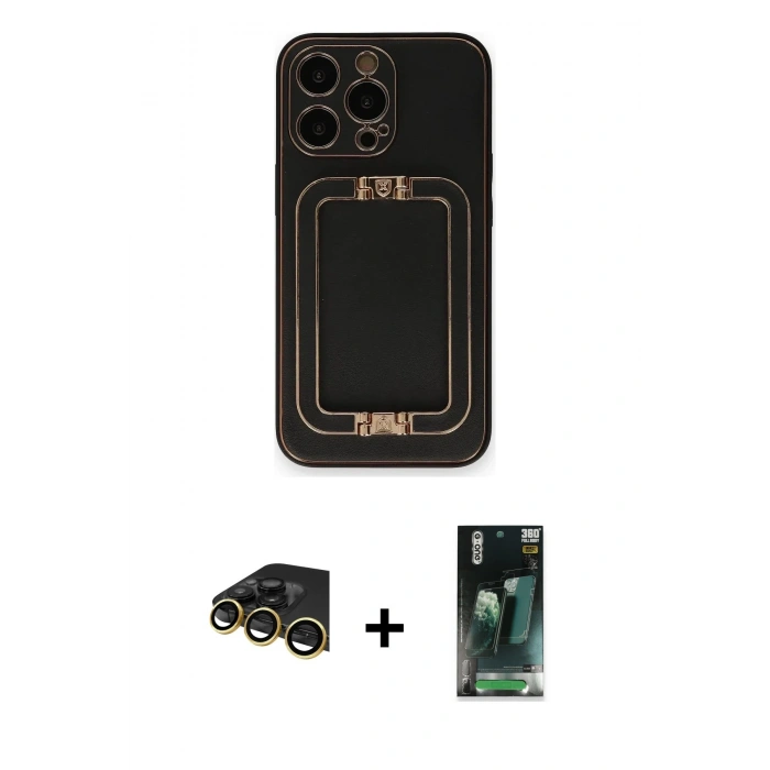 MARSİLYAN™- iPhone 14 Pro Max Kılıf Kozmos Minimal Prime - Şeffaf 360 Full Body Arka Koruyucu + Gold Raze Metal Kamera Lens