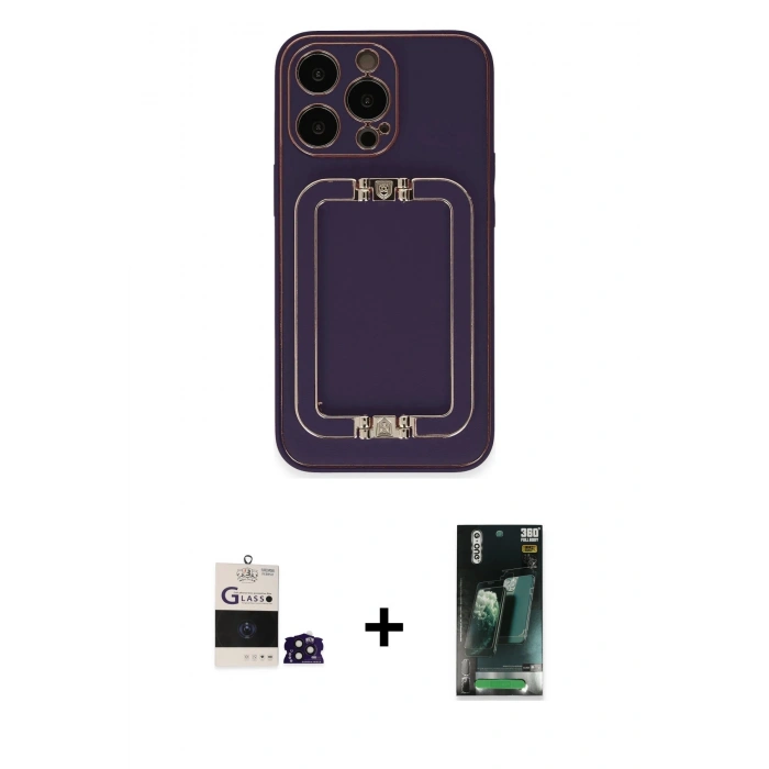 MARSİLYAN™- iPhone 14 Pro Max Kılıf Kozmos Minimal Prime - Siyah 360 Mat Full Body Arka Koruyucu + Derin Mor Bilvis Titan Kamera Lens