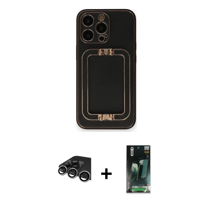 MARSİLYAN™- iPhone 14 Pro Max Kılıf Kozmos Minimal Prime - Siyah 360 Mat Full Body Arka Koruyucu + Raze Metal Kamera Lens - GS