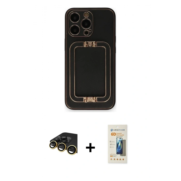 MARSİLYAN™- iPhone 14 Pro Max Kılıf Kozmos Minimal Prime - Siyah 6D Mat Seramik Hayalet Nano Ekran Koruyucu + Raze Metal Kamera Lens - GD