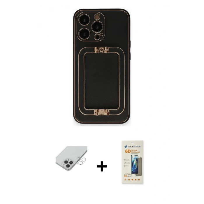 MARSİLYAN™- iPhone 14 Pro Max Kılıf Kozmos Minimal Prime - Siyah 6D Mat Seramik Hayalet Nano Ekran Koruyucu + Gümüş Band Metal Kamera Lens