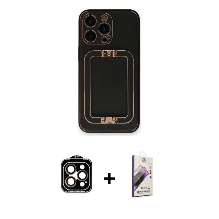MARSİLYAN™- iPhone 14 Pro Max Kılıf Kozmos Minimal Prime - Siyah Bilvis 3D Mat Cam Ekran Koruyucu + PVD Metal Kamera Lens - TU