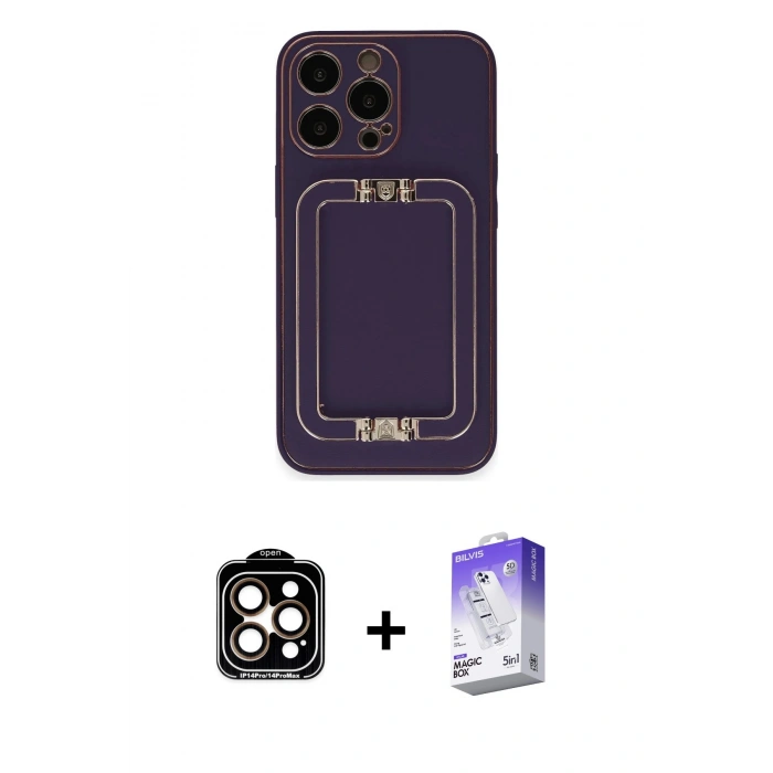 MARSİLYAN™- iPhone 14 Pro Max Kılıf Kozmos Minimal Prime - Siyah Bilvis 5in1 3D Magic Cam Ekran Koruyucu + PVD Metal Kamera Lens - TU