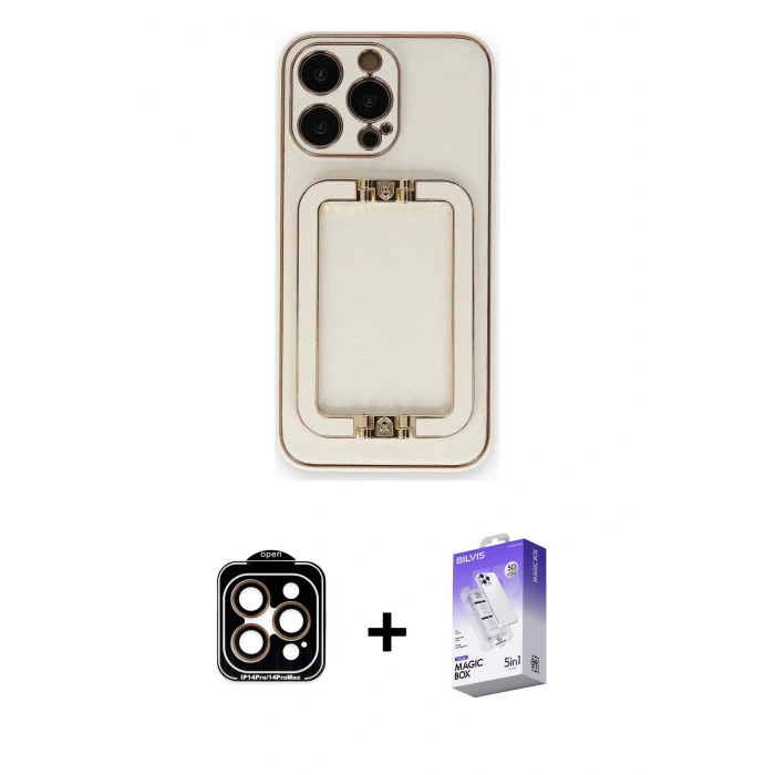 MARSİLYAN™- iPhone 14 Pro Max Kılıf Kozmos Minimal Prime - Siyah Bilvis 5in1 3D Magic Cam Ekran Koruyucu + PVD Metal Kamera Lens - TU