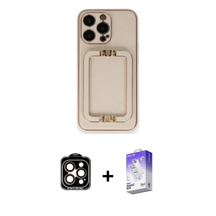 MARSİLYAN™- iPhone 14 Pro Max Kılıf Kozmos Minimal Prime - Siyah Bilvis 5in1 3D Magic Cam Ekran Koruyucu + PVD Metal Kamera Lens - TU