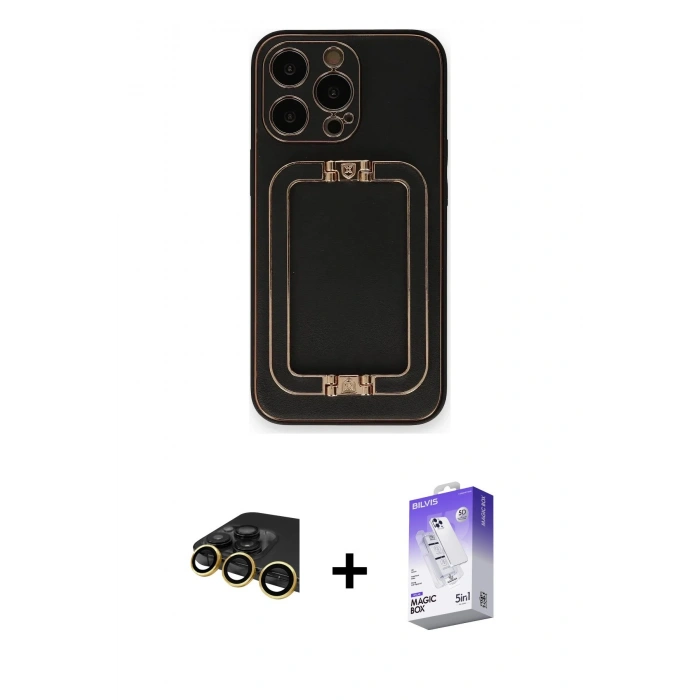 MARSİLYAN™- iPhone 14 Pro Max Kılıf Kozmos Minimal Prime - Siyah Bilvis 5in1 3D Magic Cam Ekran Koruyucu + Raze Metal Kamera Lens - GD