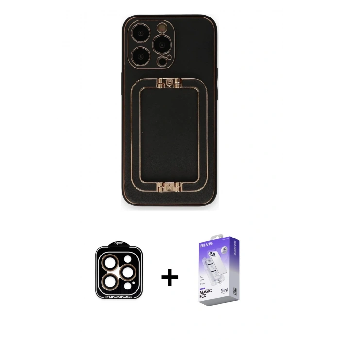 MARSİLYAN™- iPhone 14 Pro Max Kılıf Kozmos Minimal Prime - Siyah Bilvis 5in1 3D Magic Cam Ekran Koruyucu + PVD Metal Kamera Lens - TU