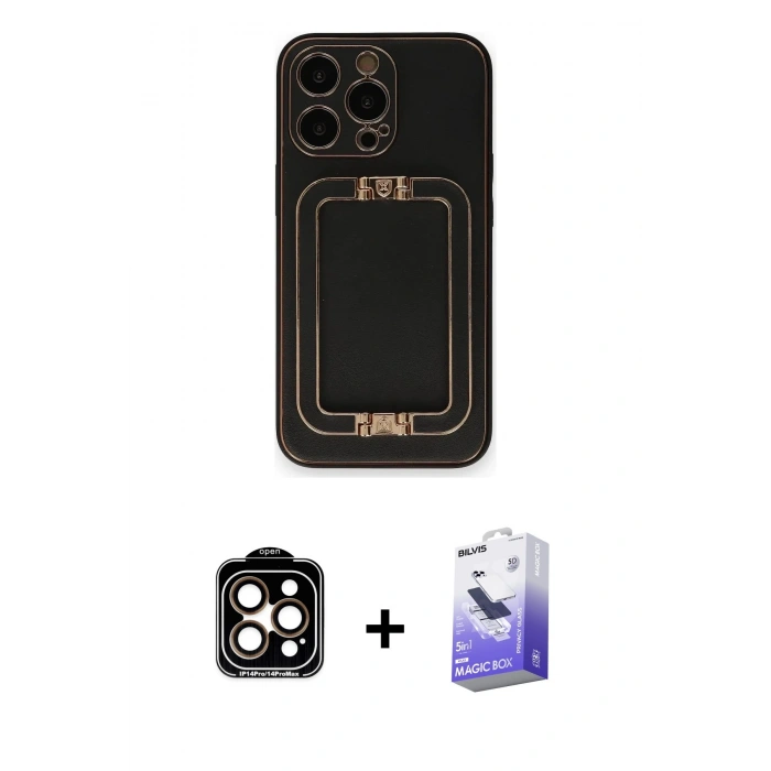 MARSİLYAN™- iPhone 14 Pro Max Kılıf Kozmos Minimal Prime - Siyah Bilvis 5in1 5D Magic Hayalet Cam Ekran Koruyucu + PVD Metal Kamera Lens - TU