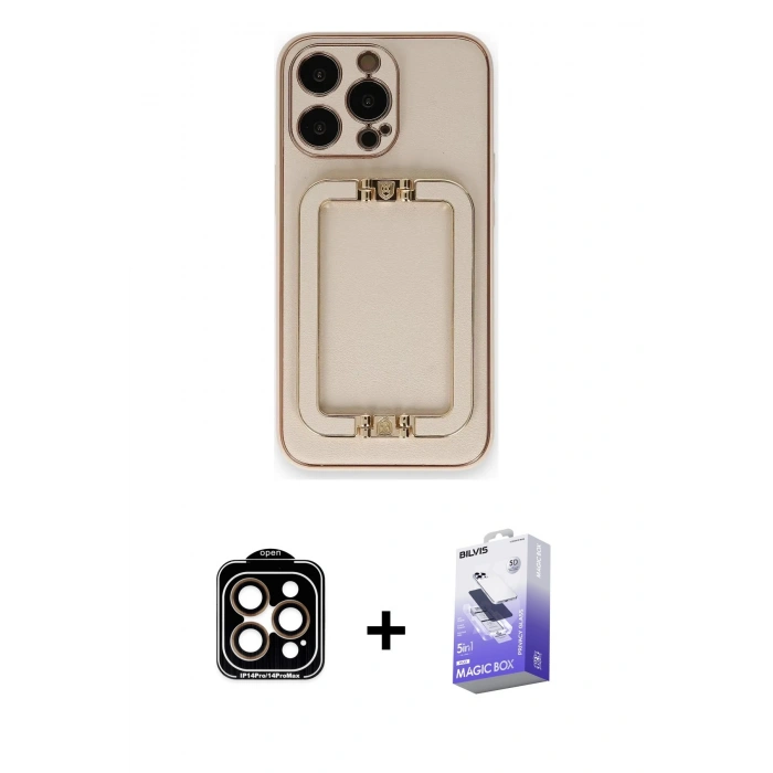 MARSİLYAN™- iPhone 14 Pro Max Kılıf Kozmos Minimal Prime - Siyah Bilvis 5in1 5D Magic Hayalet Cam Ekran Koruyucu + PVD Metal Kamera Lens - TU