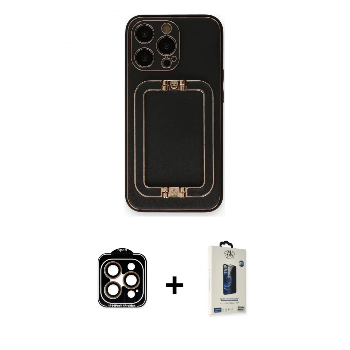 MARSİLYAN™- iPhone 14 Pro Max Kılıf Kozmos Minimal Prime - Siyah Bilvis Hayalet Cam Ekran Koruyucu + PVD Metal Kamera Lens - TU