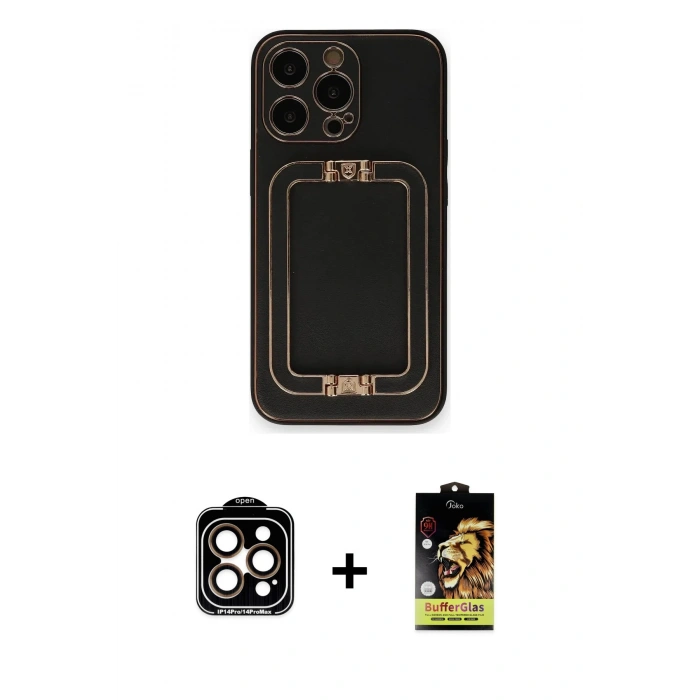 MARSİLYAN™- iPhone 14 Pro Max Kılıf Kozmos Minimal Prime - Siyah Buffer Cam Ekran Koruyucu + PVD Metal Kamera Lens - TU