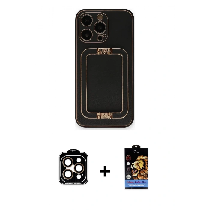 MARSİLYAN™- iPhone 14 Pro Max Kılıf Kozmos Minimal Prime - Siyah Buffer Hayalet Cam Ekran Koruyucu + PVD Metal Kamera Lens - TU