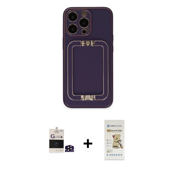 MARSİLYAN™- iPhone 14 Pro Max Kılıf Kozmos Minimal Prime - Siyah Mat Seramik Nano Ekran Koruyucu + Derin Mor Bilvis Titan Kamera Lens