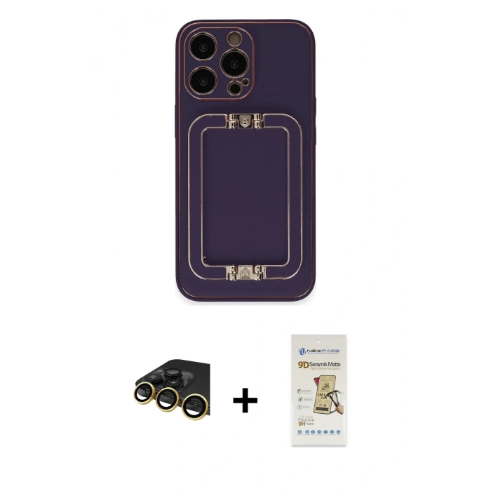 MARSİLYAN™- iPhone 14 Pro Max Kılıf Kozmos Minimal Prime - Siyah Mat Seramik Nano Ekran Koruyucu + Gold Raze Metal Kamera Lens