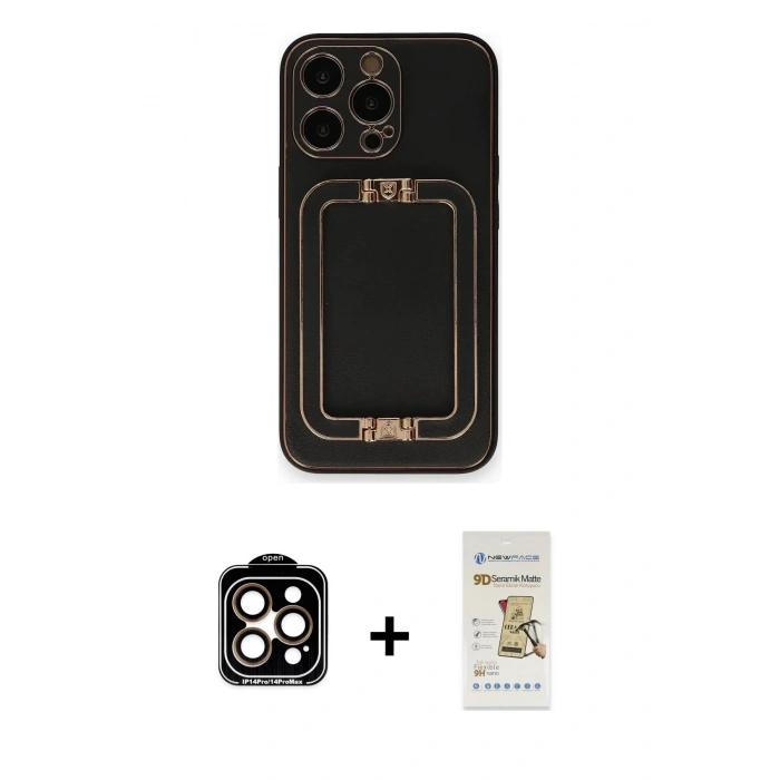 MARSİLYAN™- iPhone 14 Pro Max Kılıf Kozmos Minimal Prime - Siyah Mat Seramik Nano Ekran Koruyucu + PVD Metal Kamera Lens - TU