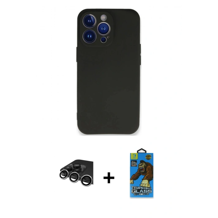 MARSİLYAN™- iPhone 14 Pro Max Kılıf Kozmos Yansıma Özel Seri - Siyah 18D Cam Ekran Koruyucu + Gümüş Raze Metal Kamera Lens