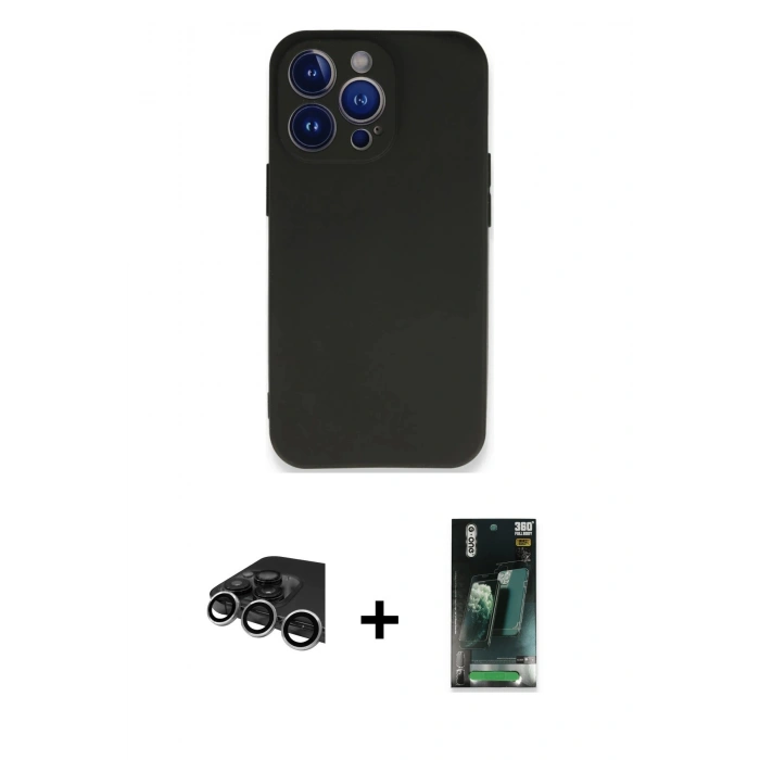 MARSİLYAN™- iPhone 14 Pro Max Kılıf Kozmos Yansıma Özel Seri - Siyah 360 Mat Full Body Arka Koruyucu + Gümüş Raze Metal Kamera Lens