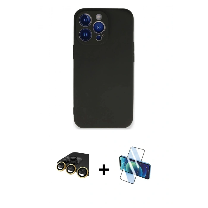 MARSİLYAN™- iPhone 14 Pro Max Kılıf Kozmos Yansıma Özel Seri - Siyah 3D Antistatik Cam Ekran Koruyucu + Gold Raze Metal Kamera Lens