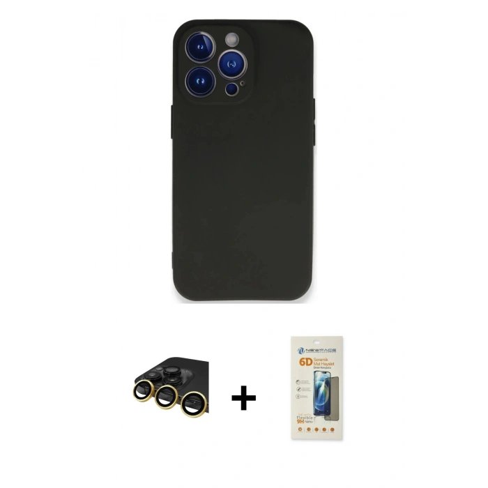 MARSİLYAN™- iPhone 14 Pro Max Kılıf Kozmos Yansıma Özel Seri - Siyah 6D Mat Seramik Hayalet Nano Ekran Koruyucu + Gold Raze Metal Kamera Lens