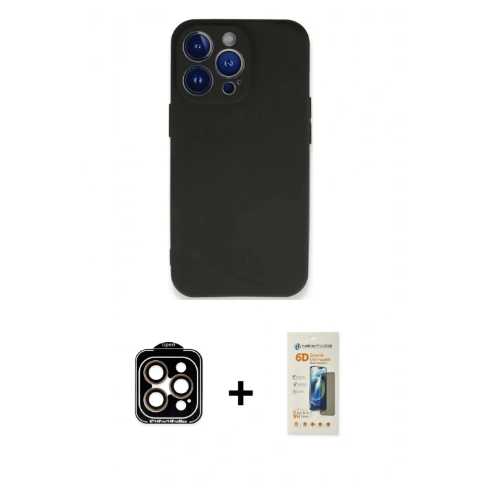 MARSİLYAN™- iPhone 14 Pro Max Kılıf Kozmos Yansıma Özel Seri - Siyah 6D Mat Seramik Hayalet Nano Ekran Koruyucu + PVD Metal Kamera Lens - TU