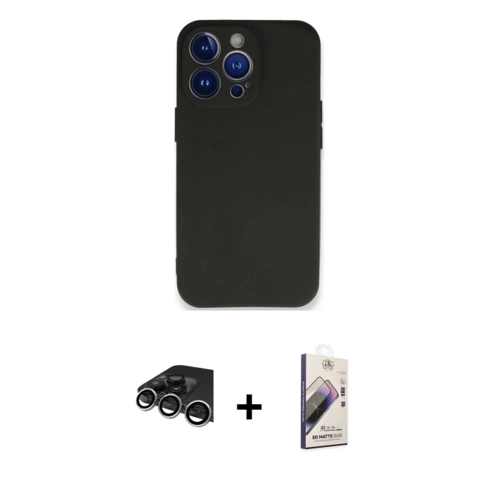 MARSİLYAN™- iPhone 14 Pro Max Kılıf Kozmos Yansıma Özel Seri - Siyah Bilvis 3D Mat Cam Ekran Koruyucu + Gümüş Raze Metal Kamera Lens