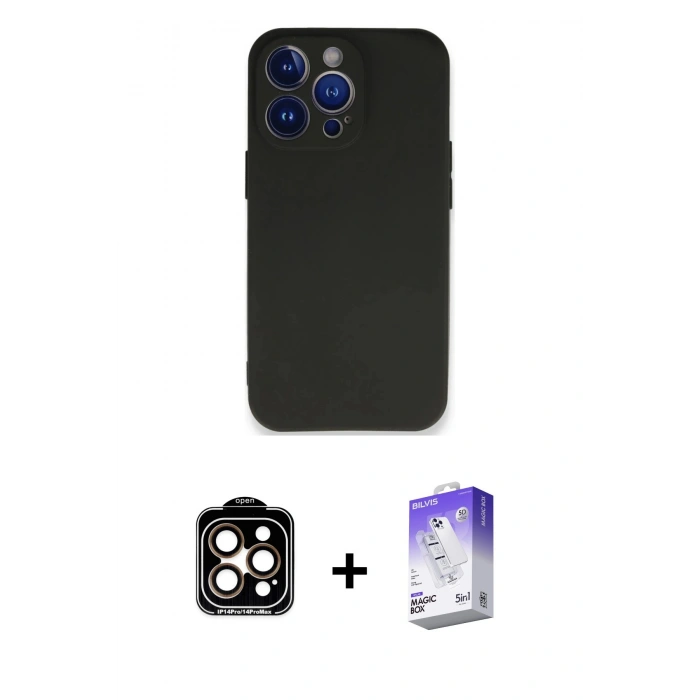 MARSİLYAN™- iPhone 14 Pro Max Kılıf Kozmos Yansıma Özel Seri - Siyah Bilvis 5in1 3D Magic Cam Ekran Koruyucu + Turuncu PVD Metal Kamera Lens