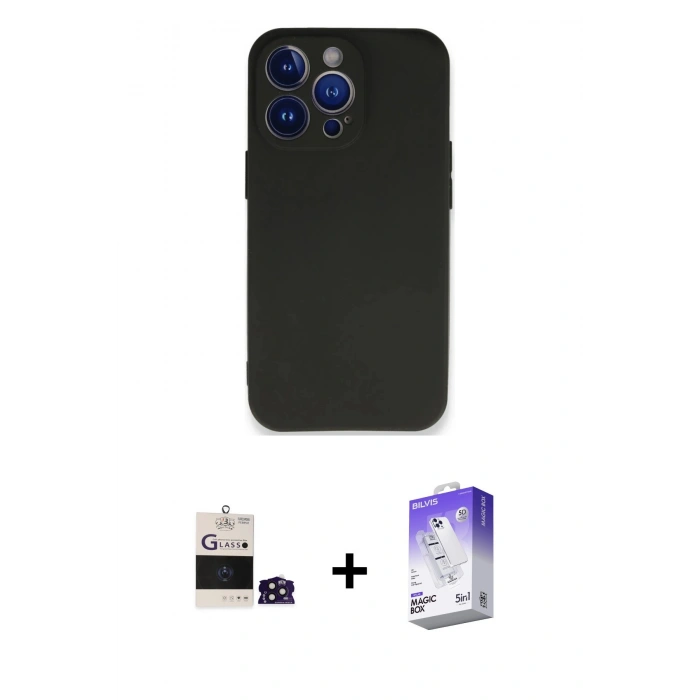 MARSİLYAN™- iPhone 14 Pro Max Kılıf Kozmos Yansıma Özel Seri - Siyah Bilvis 5in1 3D Magic Cam Ekran Koruyucu + Derin Mor Bilvis Titan Kamera Lens