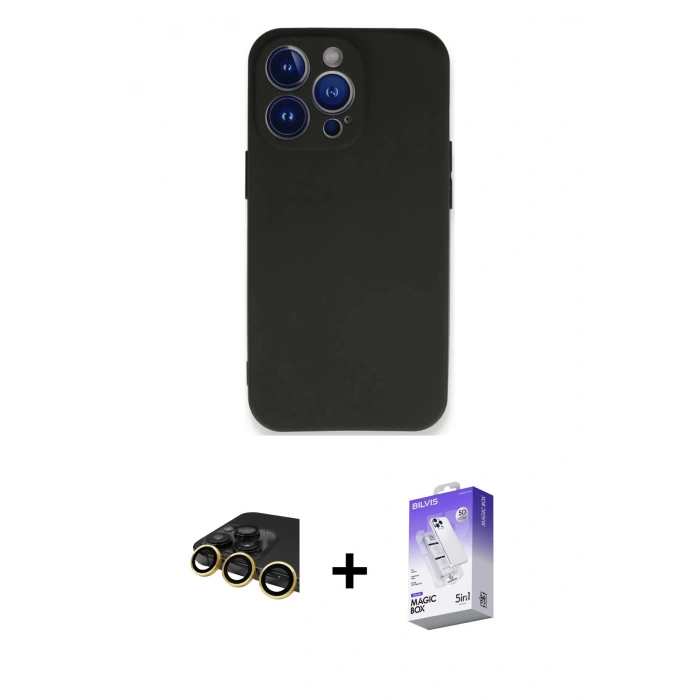 MARSİLYAN™- iPhone 14 Pro Max Kılıf Kozmos Yansıma Özel Seri - Siyah Bilvis 5in1 3D Magic Cam Ekran Koruyucu + Raze Metal Kamera Lens - GD