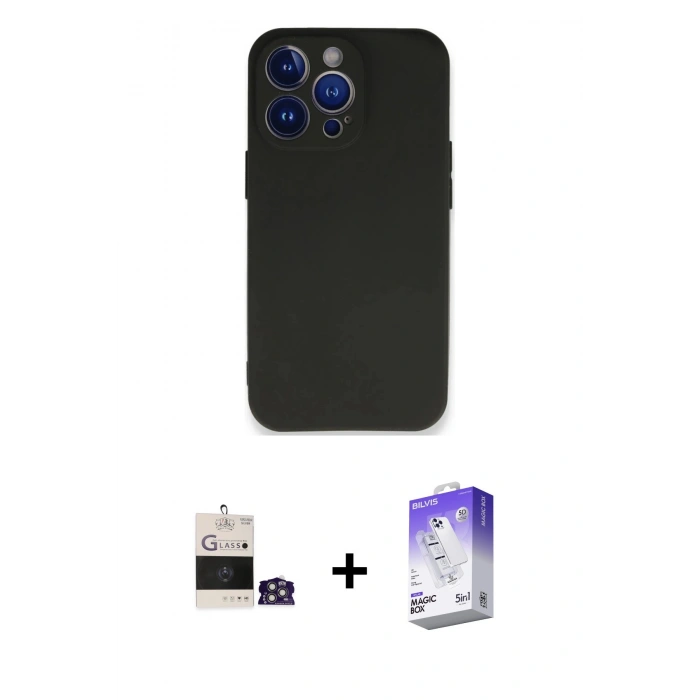 MARSİLYAN™- iPhone 14 Pro Max Kılıf Kozmos Yansıma Özel Seri - Siyah Bilvis 5in1 3D Magic Cam Ekran Koruyucu + Bilvis Titan Kamera Lens - GS