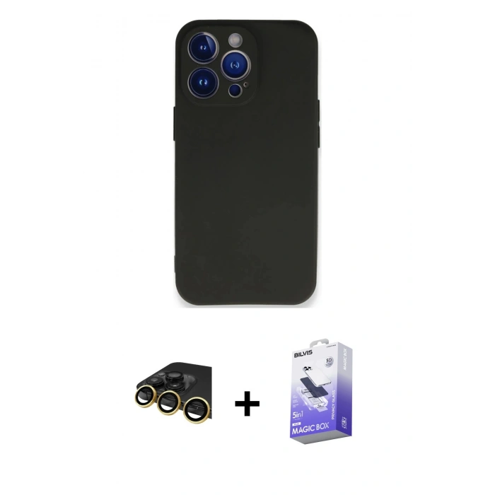 MARSİLYAN™- iPhone 14 Pro Max Kılıf Kozmos Yansıma Özel Seri - Siyah Bilvis 5in1 5D Magic Hayalet Cam Ekran Koruyucu + Raze Metal Kamera Lens - GD