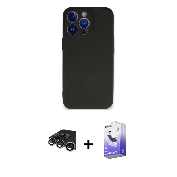 MARSİLYAN™- iPhone 14 Pro Max Kılıf Kozmos Yansıma Özel Seri - Siyah Bilvis 5in1 5D Magic Hayalet Cam Ekran Koruyucu + Raze Metal Kamera Lens - GS
