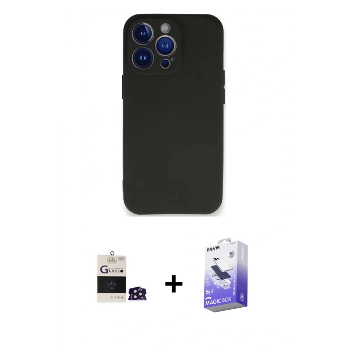 MARSİLYAN™- iPhone 14 Pro Max Kılıf Kozmos Yansıma Özel Seri - Siyah Bilvis 5in1 5D Magic Hayalet Cam Ekran Koruyucu + Bilvis Titan Kamera Lens - DNMR