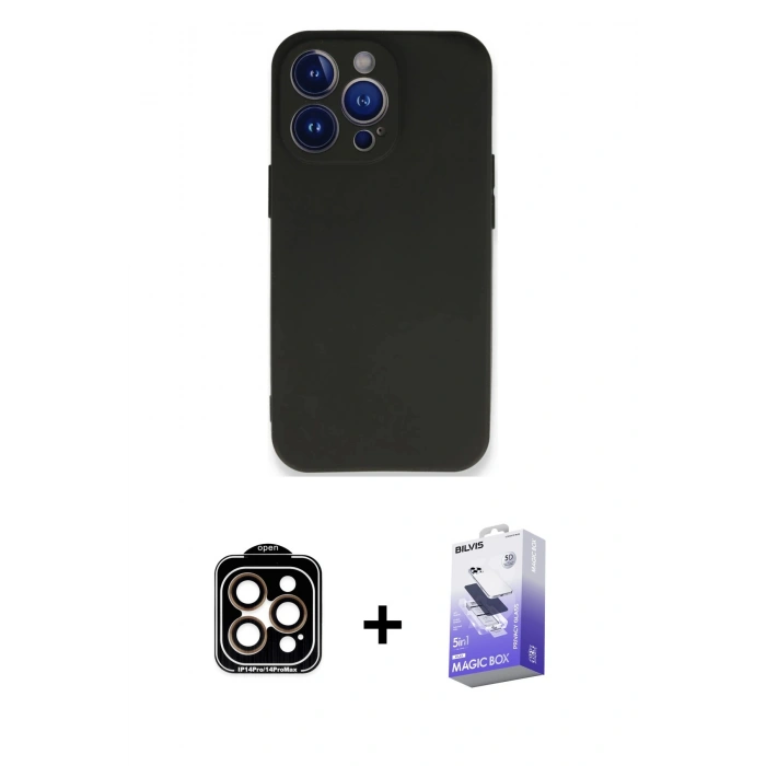 MARSİLYAN™- iPhone 14 Pro Max Kılıf Kozmos Yansıma Özel Seri - Siyah Bilvis 5in1 5D Magic Hayalet Cam Ekran Koruyucu + PVD Metal Kamera Lens - TU