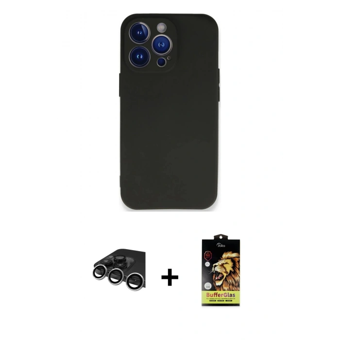 MARSİLYAN™- iPhone 14 Pro Max Kılıf Kozmos Yansıma Özel Seri - Siyah Buffer Cam Ekran Koruyucu + Raze Metal Kamera Lens - GS