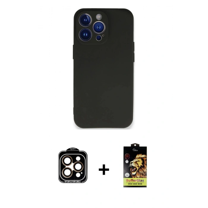 MARSİLYAN™- iPhone 14 Pro Max Kılıf Kozmos Yansıma Özel Seri - Siyah Buffer Cam Ekran Koruyucu + PVD Metal Kamera Lens - TU